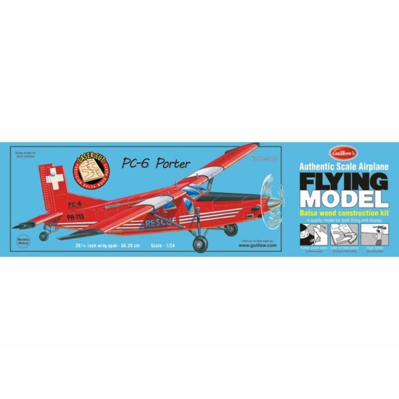 Guillows PC-6 Porter 1:24 Scale Laser Cut Balsa Model Kit, 662mm WS
