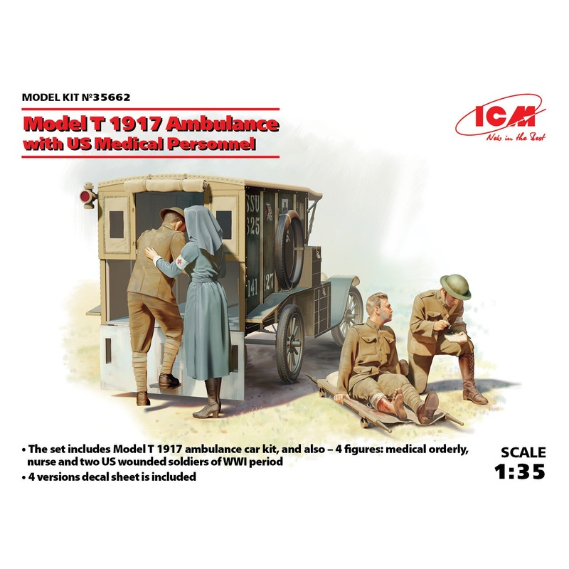 ICM 1:35 Modelt 1917 Ambulance W/Us Med.Per*