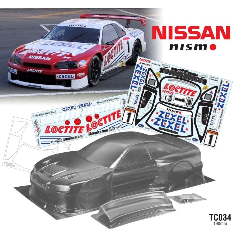 Team C TC034-L 1/10 Nissan R34 GTR 190mm Wide WB 258mm with Loctite Decal Sheet