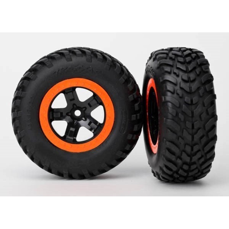 Traxxas 5863 – Tires & wheels assembled glued black orange beadlock wheels (2) (4WD f/r 2WD rear)