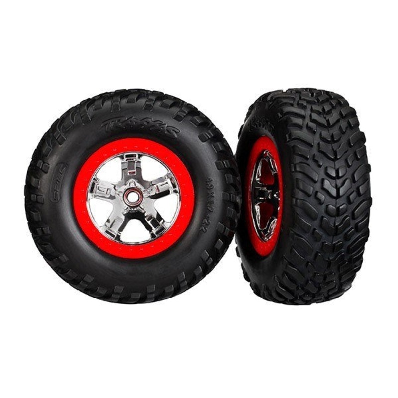 Traxxas 5887R – Tires & Wheels Glued Chrome Wheels Red Beadlock Style (2) (4Wd F/R 2Wd Rear)