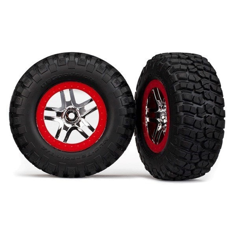 Traxxas 6873R – Tires & wheels assembled glued SCT chrome red beadlock style (2) (4WD f/r 2WD rear)