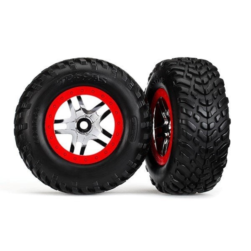 Traxxas 6891 – Tires & Wheels Glued Chrome Red Beadlock Style (2) (4Wd F/R 2Wd Rear)