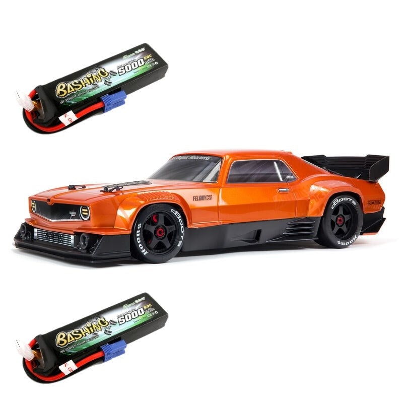ARRMA ARA7617V2T2 1/7 FELONY 6S BLX Street Bash All-Road Muscle Car RTR Orange plus 2x Gens Ace 5000mah 3S 11.1v 60C Lipo Battery Pack with EC5 Plug-Bashing Series
