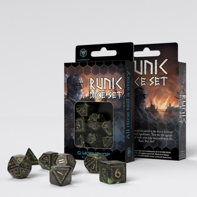Q Workshop SRUN05 Runic Bottle-green & gold Dice Set