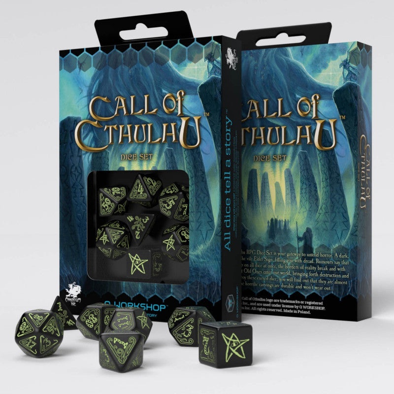 Q Workshop SCTH07 Call of Cthulhu Dice Black & glow-in-the-dark Dice Set