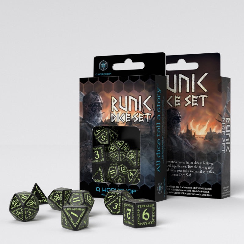 Q Workshop SRUN03 Runic Black & glow-in-the-dark Dice Set