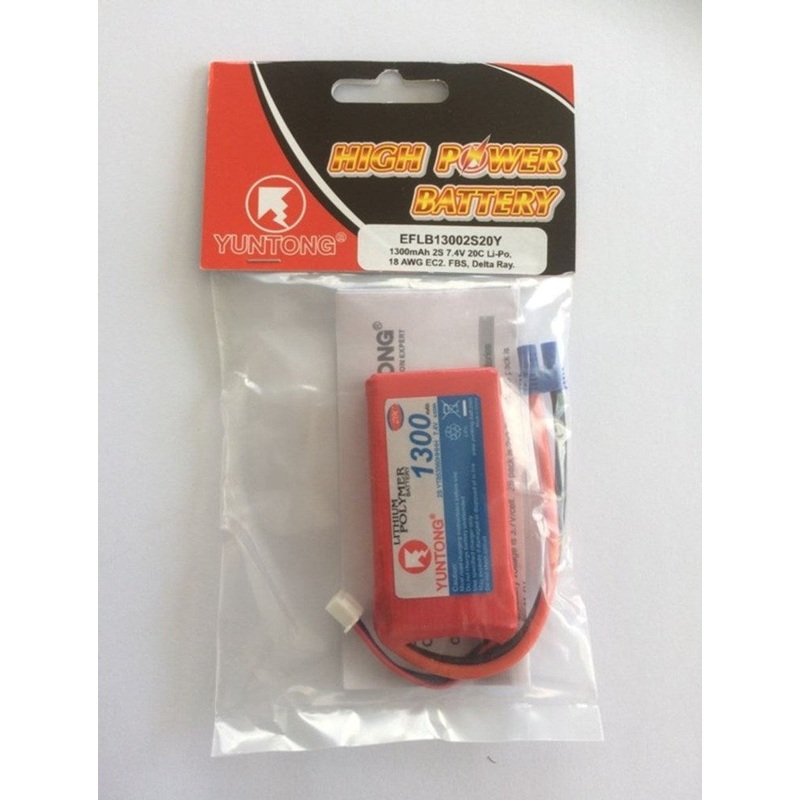 E-flite EFLB13002S20Y 1300mAh 2S 7.4V 20C Li-Po 18 AWG EC2. FBS Delta Ray rplcmt for EFLB13002S20 70x36x14mm