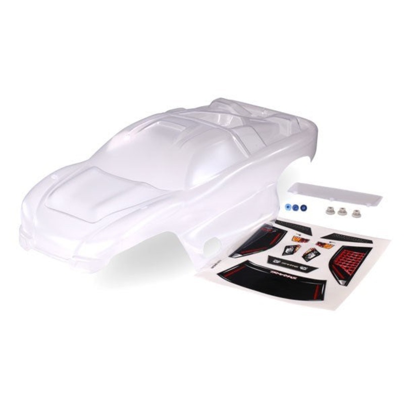 Traxxas 4412 – Body Nitro Rustler (clear requires painting)/window grille lights decal sheet/ wing and aluminum hardware