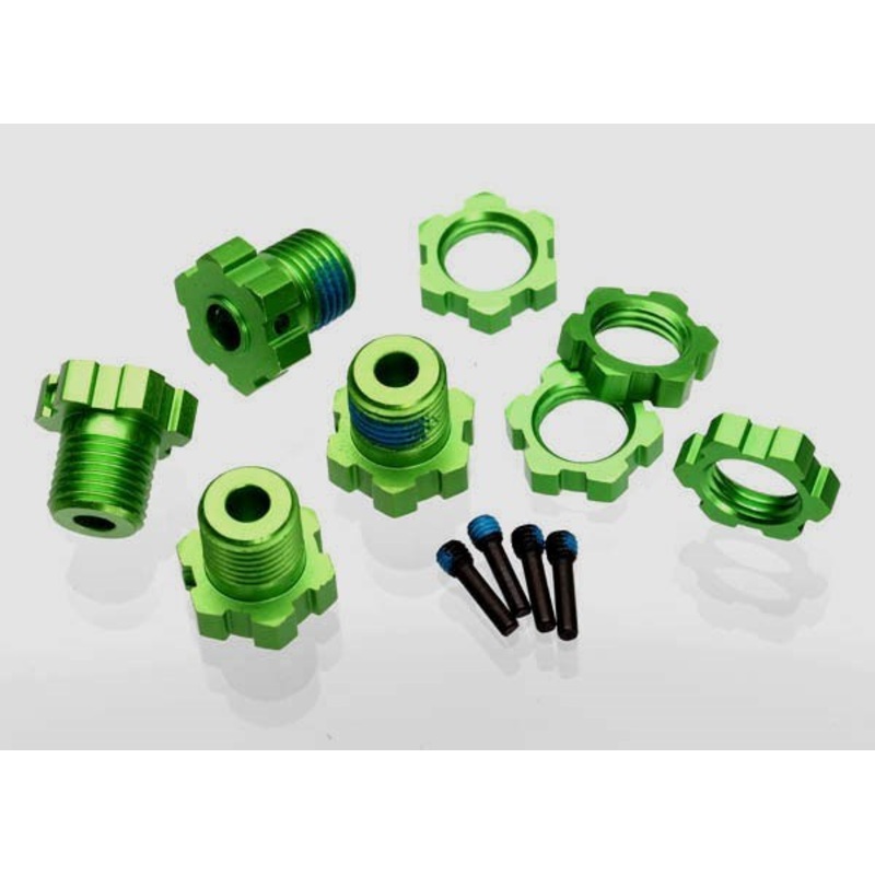 Traxxas 5353G – Wheel hubs splined 17mm (green-anodized) (4)/ wheel nuts splined 17mm (blue-anodized) (4)/ screw pins 4x13mm (with threadlock) (4)