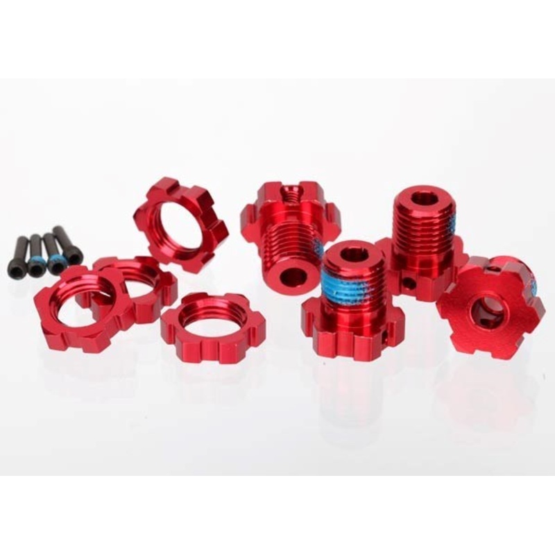 Traxxas 5353R – Wheel hubs splined 17mm (red-anodized) (4)/ wheel nuts splined 17mm (red-anodized) (4)/ screw pins 4x13mm (with threadlock) (4)