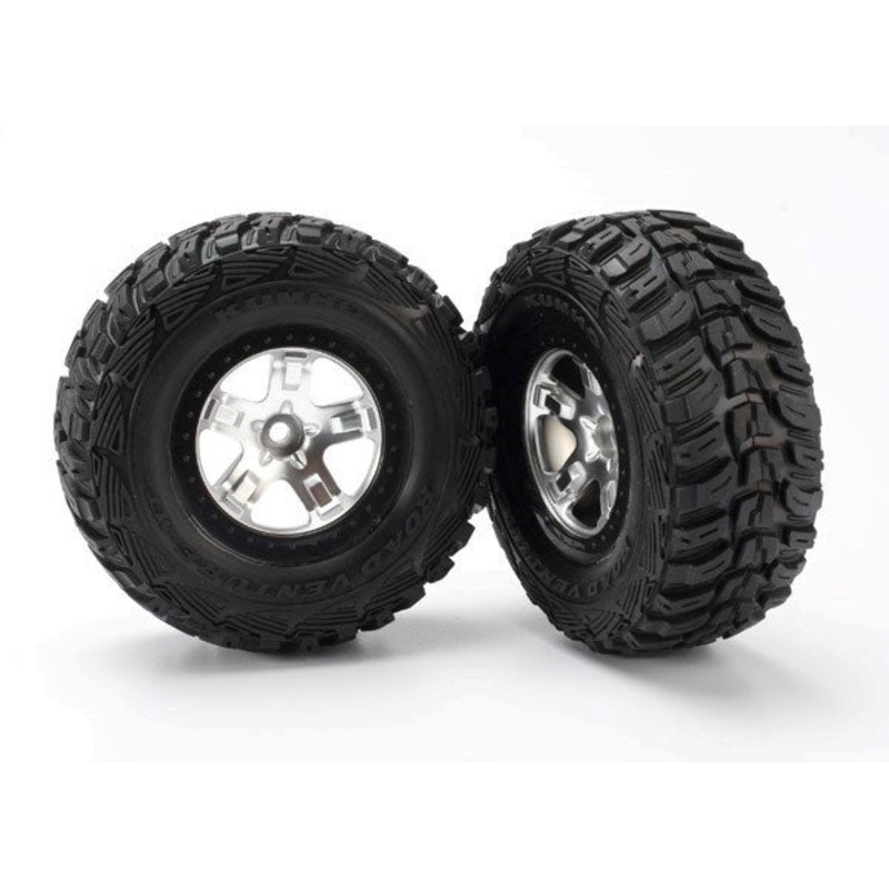 Traxxas 5881 – Tires & wheels assembled glued (SCT satin chrome black beadlock style wheels Kumho tires foam inserts) (2) (2WD front)