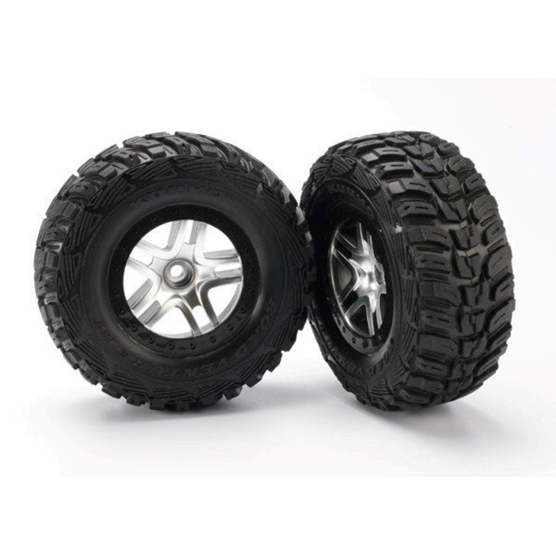 Traxxas 5882 – Tires & wheels assembled glued (SCT Split-Spoke satin chrome black beadlock style wheels Kumho tires foam inserts) (2) (2WD front)