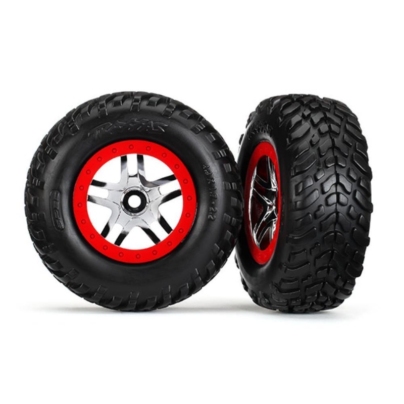 Traxxas 5977 – Tires & Wheels Glued Chrome Red Beadlock Style Wheels (2) (Front/Rear)