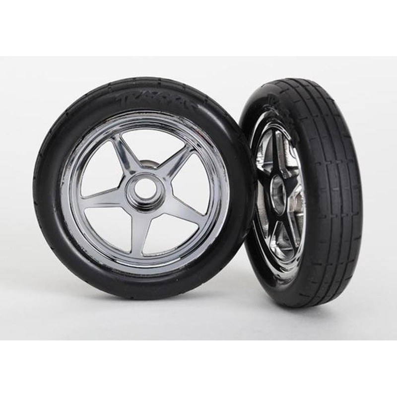 Traxxas 6975 – Tires & Wheels Assembled Glued (5-Spoke Chrome Wheels Tires Foam Inserts) (Front) (2)