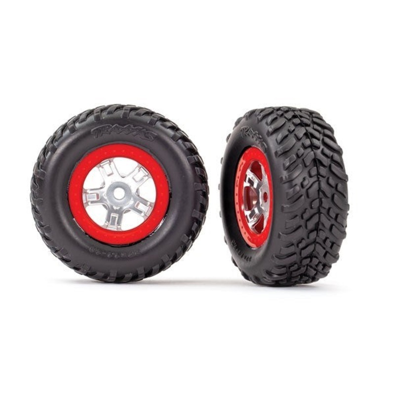 Traxxas 7073A – Tires and wheels assembled glued satin wheels red beadlock SCT off-road racing tires