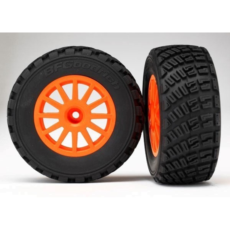 Traxxas 7473A – Tires & Wheels Assembled Glued (Orange Wheels gravel pattern tires foam inserts) (2) (TSM rated)