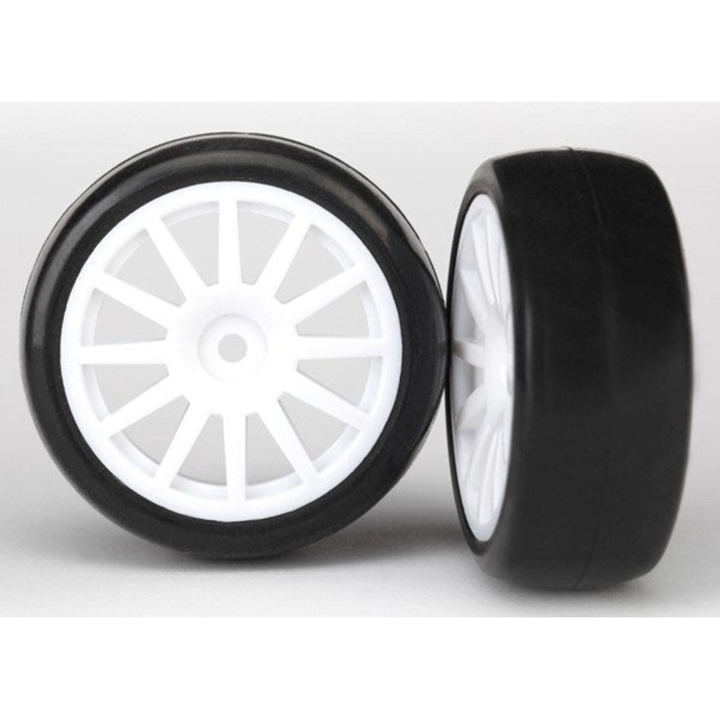 Traxxas 7572 – Tires & Wheels Assembled Glued (12-Spoke White Wheels slick tires) (2)