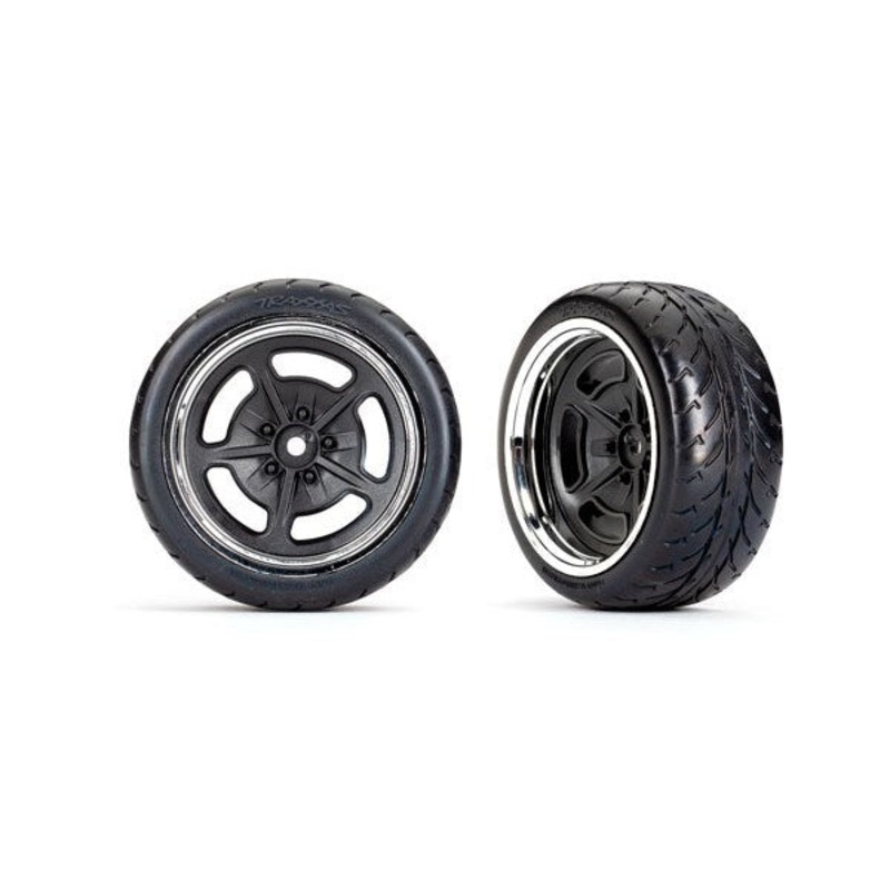 Traxxas 9373 – Tires and wheels assembled glued (black with chrome wheels 2.1 Response tires) (extra wide rear) (2)