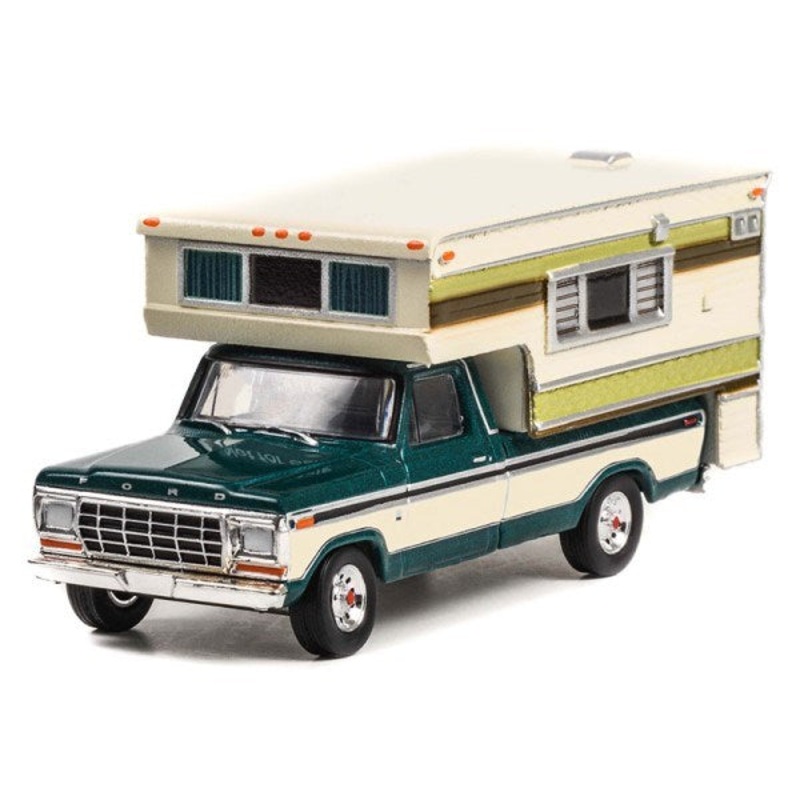 GreenLight 30337 1/64 1978 Ford F-250 w/Large Camper (Dark Jade Metallic/Wimbledon White)