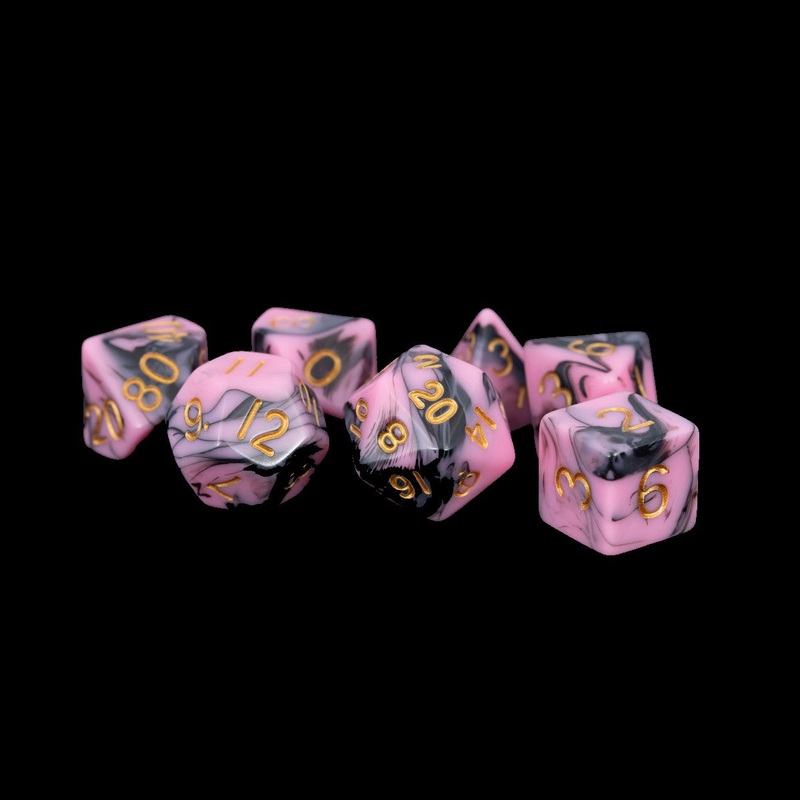 MDG MDG173 Acrylic Dice: Pink/Black w/ Gold Numbers Pol