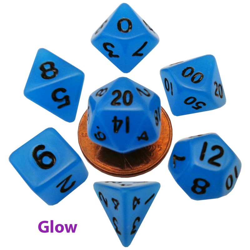 MDG MDG4302 Mini Polyhedral Dice Set: Glow Blue with Bla