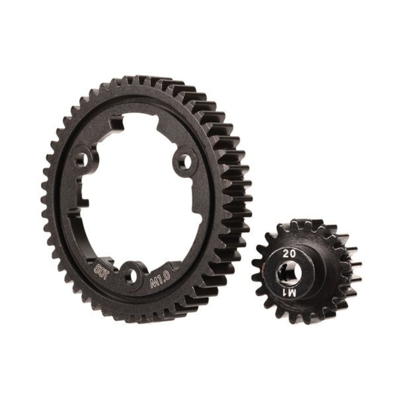 zTraxxas 6450 Spur gear 50-tooth steel (wide-face)/ gear 20-T pinion (1.0 metric pitch) (fits 5mm shaft)/ set screw