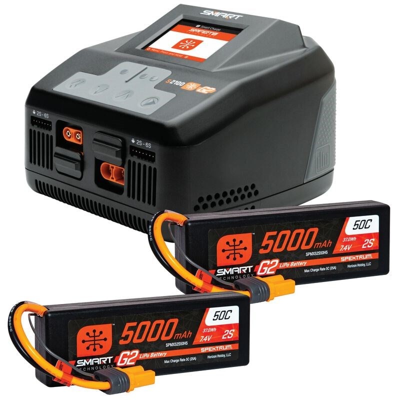 Spektrum SPMXPSS550 Smart Powerstage 4S Surface Bundle: (2) G2 5000mAh 2S LiPo IC5 & S2100 Charger
