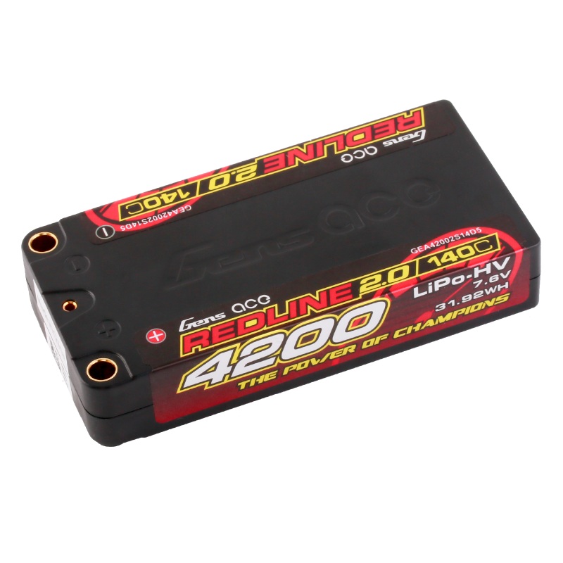 Gens Ace GA4200-2S140-S-RL2.0 Redline 2.0 4200mAh 2S 7.6V 140C HardCase 111# HV Shorty Lipo Battery with 5.0mm bullet 157g 96x47x18.5mm