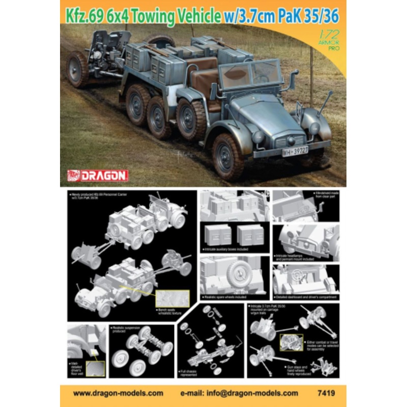 Dragon Model 7419 1/72 Kfz.69 6×4 TOWING VEHICLE & 3.7cm PaK 35/36