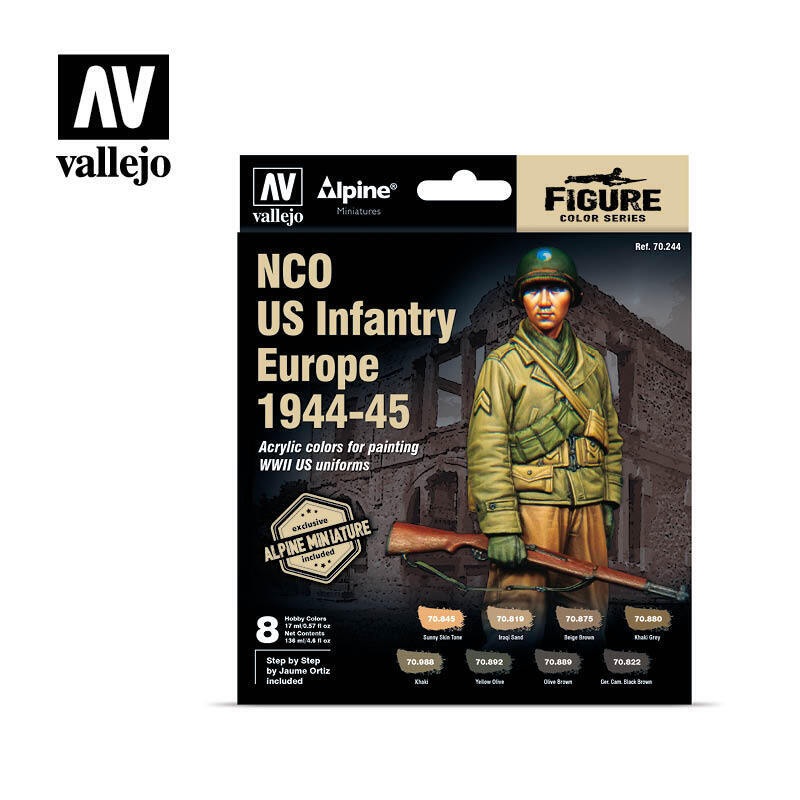 Vallejo 70244 Model Color Alpine NCO US Infantry Europe 1944-45 Acrylic Paint Set w/ Figure