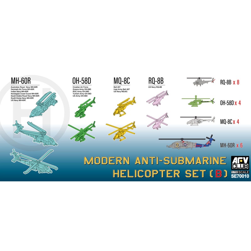 AFV Club SE70010 1/700 Modern Anti-submarine Helicopter Set 2 (MH-60R & OH-58D & MQ-8B/C)