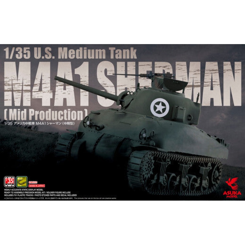 Asuka Model 35-010 Asuka 1/35 U.S. Medium Tank M4A1 Sherman (Mid Production) Plastic Model Kit
