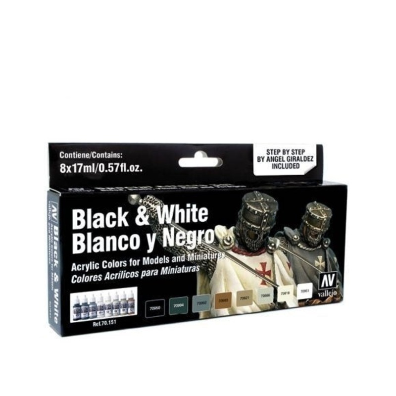 Vallejo 70151 Model Colour: Black & White by Angel Giraldez (8 Colours) Acrylic Paint Set